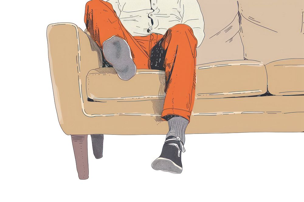 Legs of man in socks dangling off sofa flat illustration furniture clothing footwear.