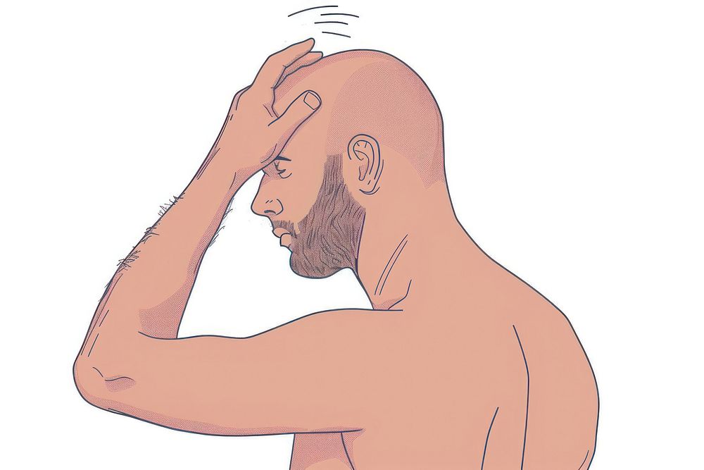 Middle age man touching shaved head flat illustration art illustrated shoulder.