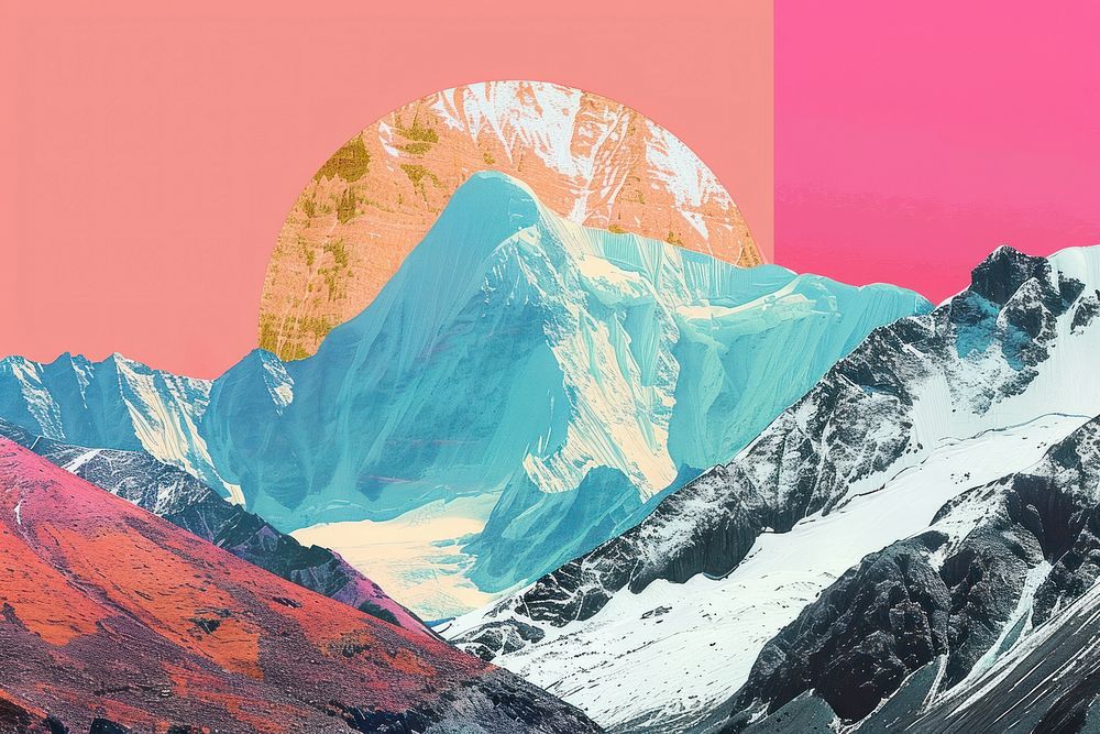 Retro collage of mountain landscape outdoors nature.