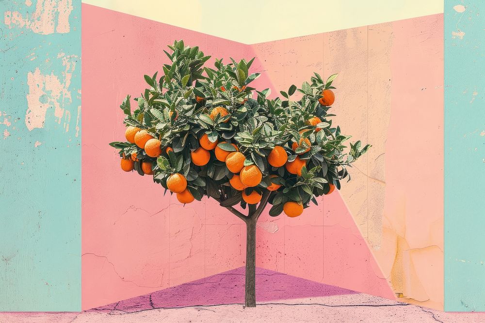 Retro collage of orange tree grapefruit plant food.