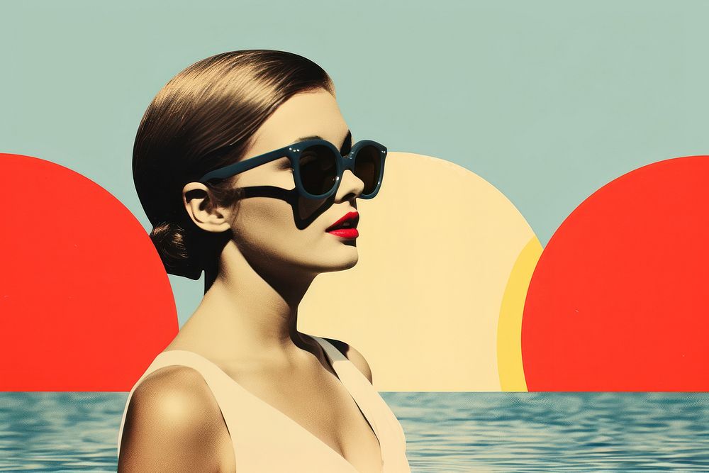 Retro collage of beach sunglasses swimwear portrait.