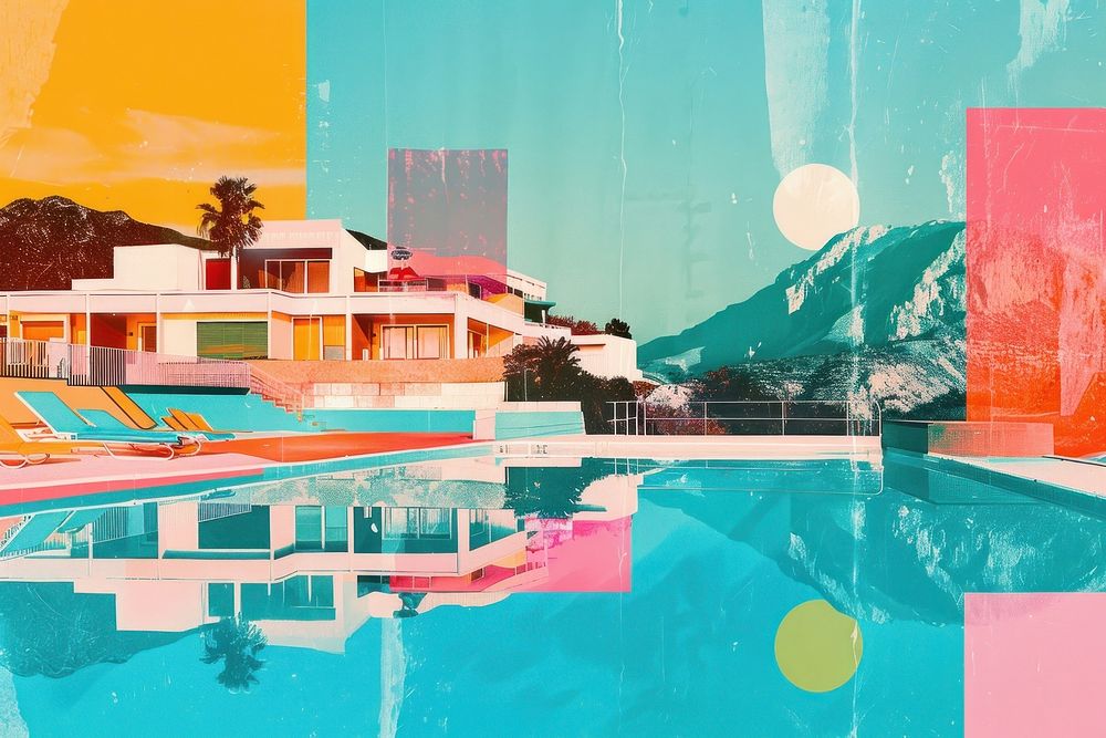 Retro collage of beach club architecture outdoors resort.