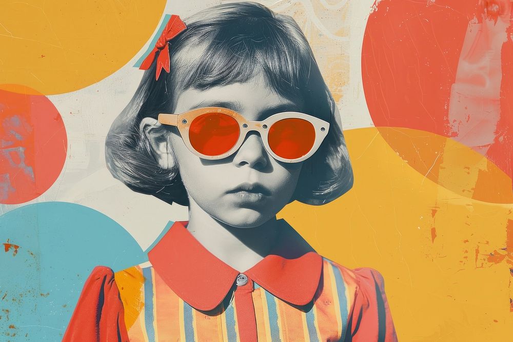 Retro collage of kid fashion art sunglasses portrait.
