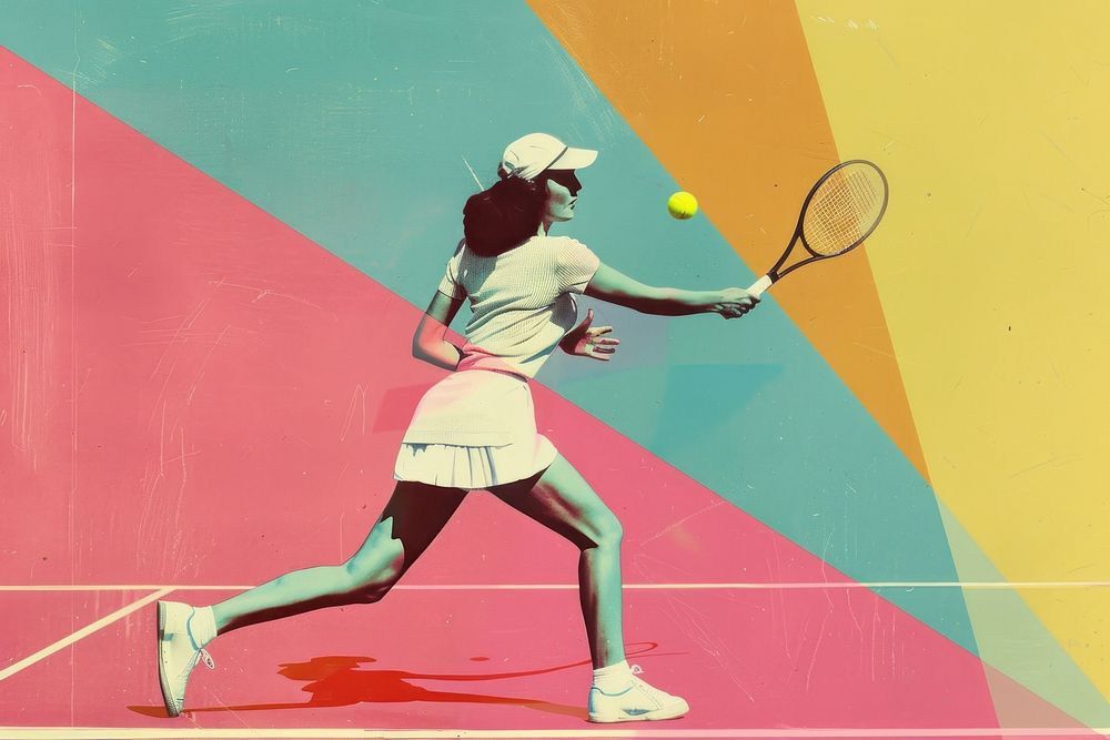 Retro collage of playing tennis sports racket adult.