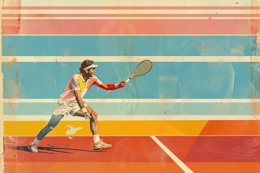 Retro collage of playing tennis sports racket determination.