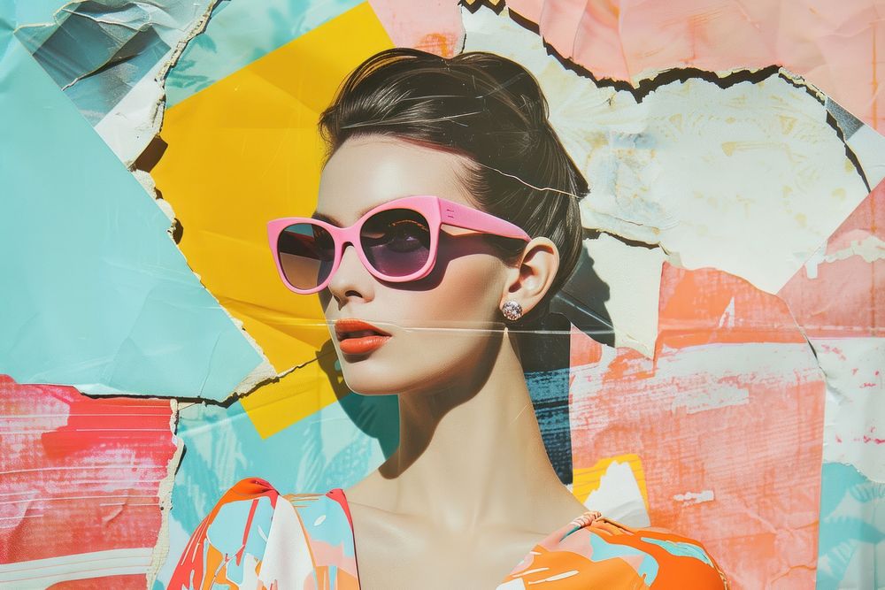 Retro collage of woman fashion art sunglasses portrait.