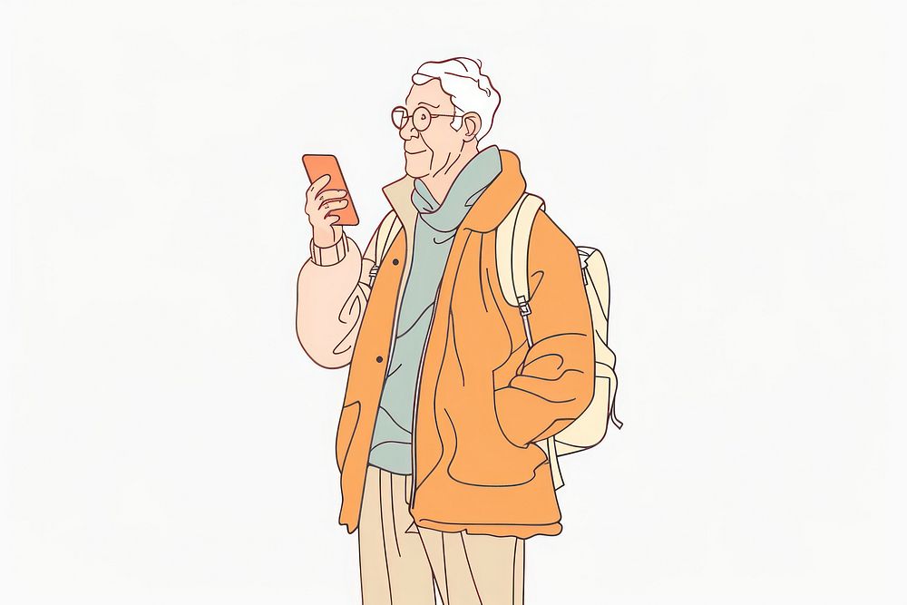 Senior man holding cellphone flat illustration art illustrated electronics.