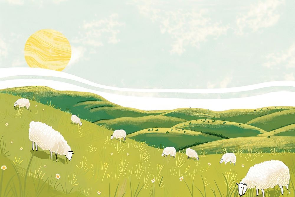 Sheep graze in a grassy hillside flat illustration sheep countryside agriculture.