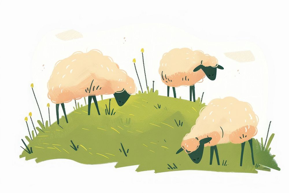 Sheep graze in a grassy hillside flat illustration art illustrated grassland.