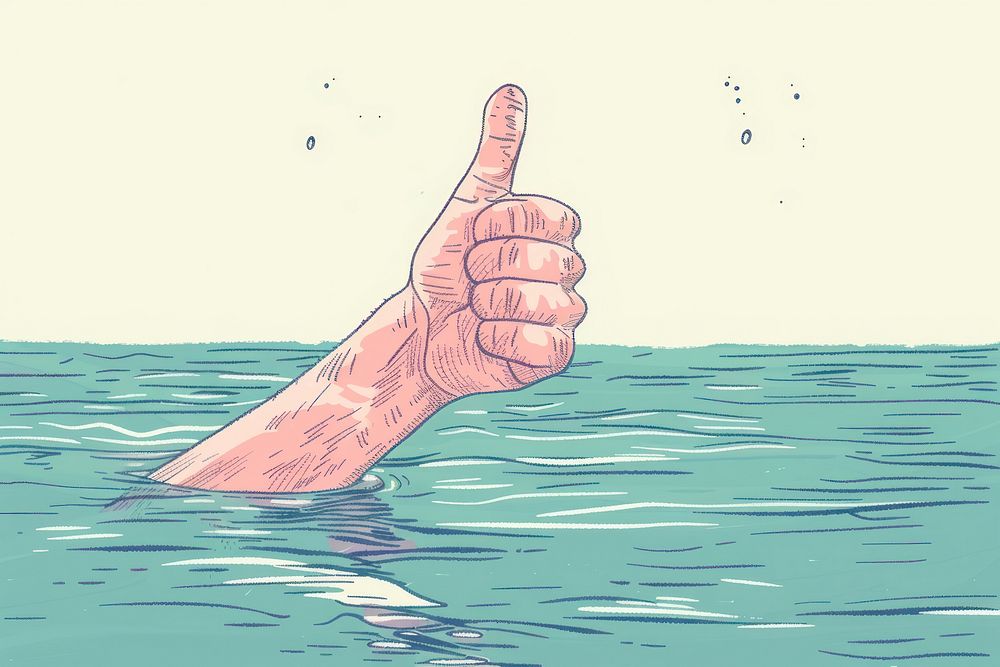 Sinking hand gesturing thumbs-up in sea flat illustration finger person human.