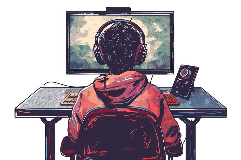 Person gaming flat illustration electronics headphones furniture.