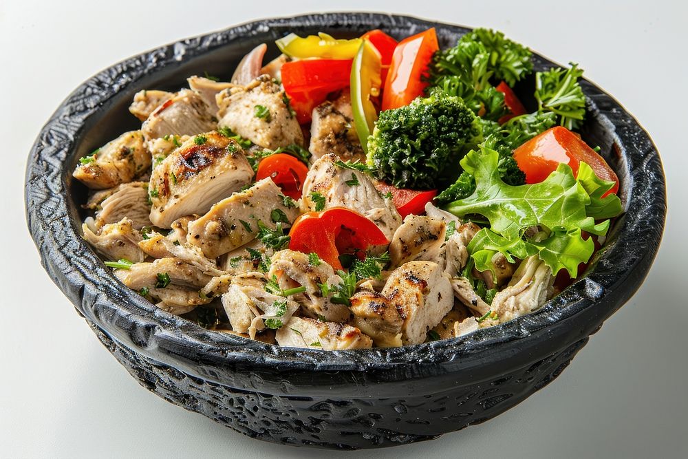 Chicken with vegetables in black bowl platter produce lunch.