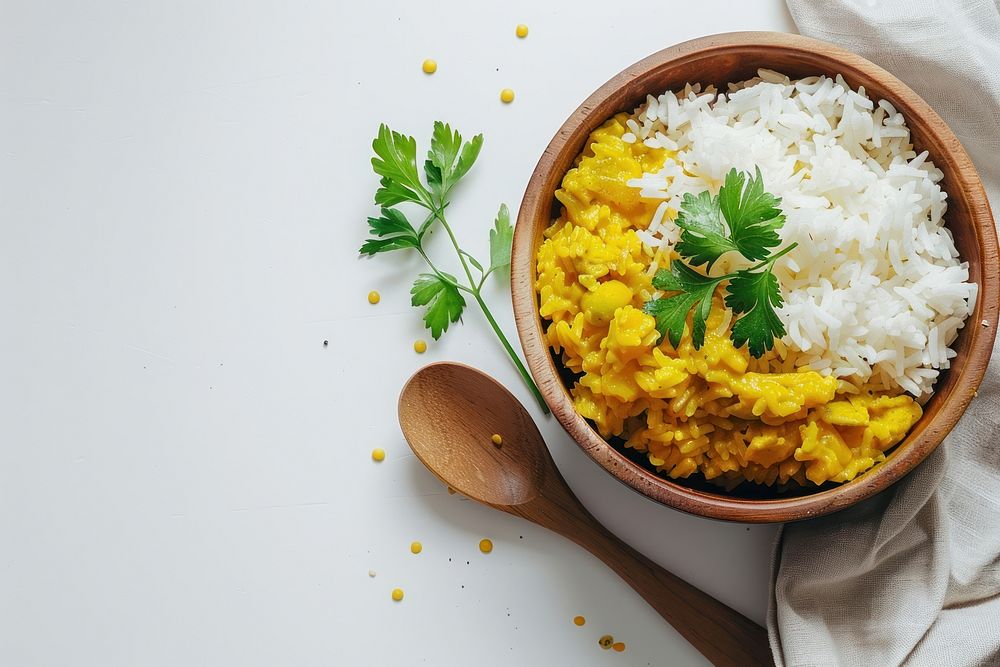 Curry rice cilantro food food presentation.