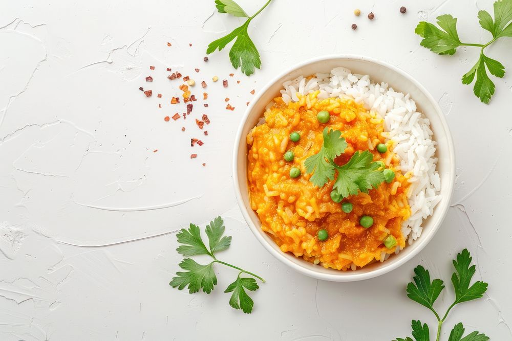 Curry rice cilantro food food presentation.