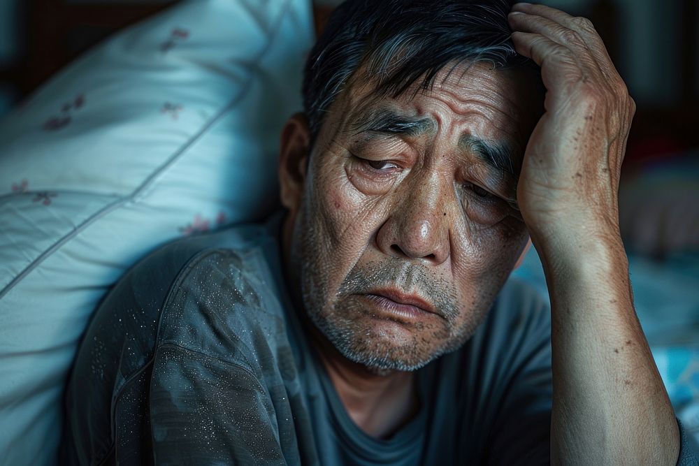 Chinese mature man worried person crying.