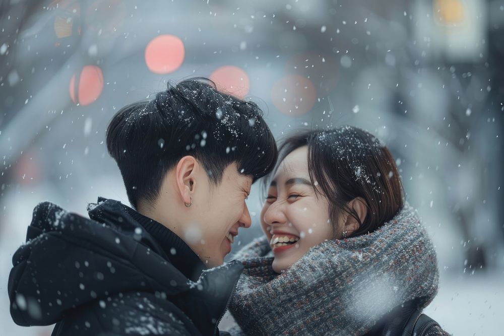 Happy korean couple snow outdoors wedding.