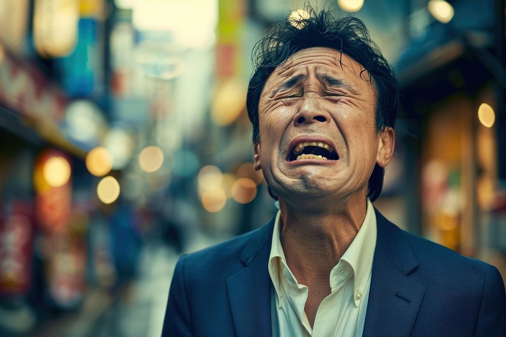 Japanese businessman crying clothing worried.