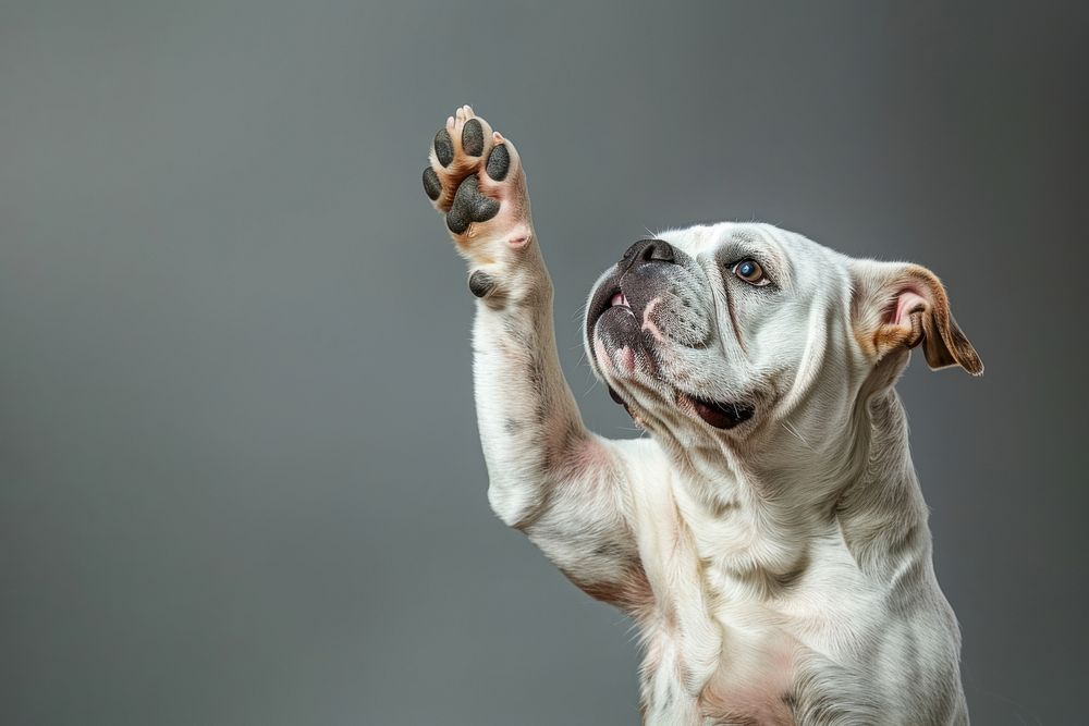 Bulldog giving high five pitbull animal canine.