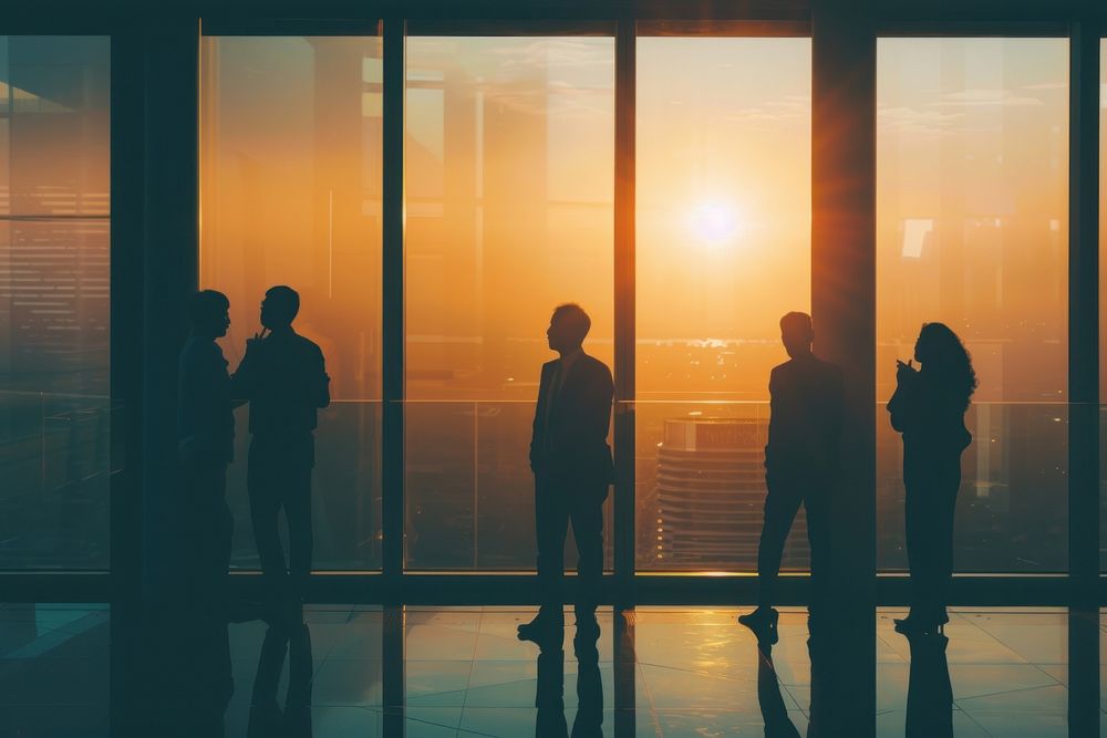 Group of business people standing and talking in office backlighting silhouette clothing.