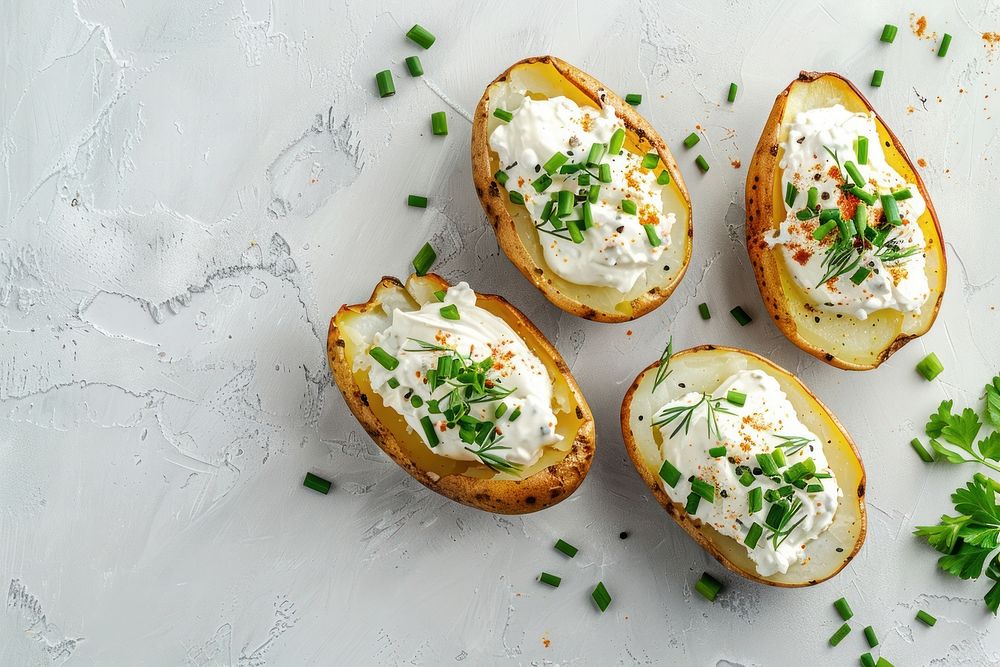 Delicious Baked Potato with Sour Cream and Chives potato vegetable produce.