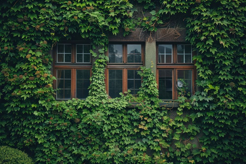 Facade of house overgrown by ivy plant vine.