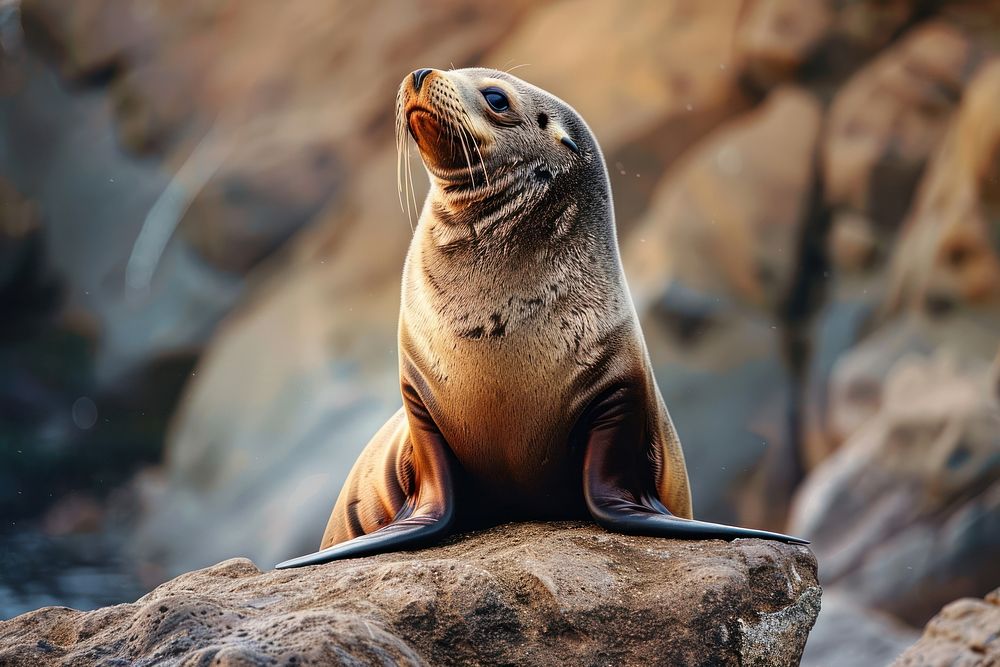 Fur seal on the rock penguin animal mammal.