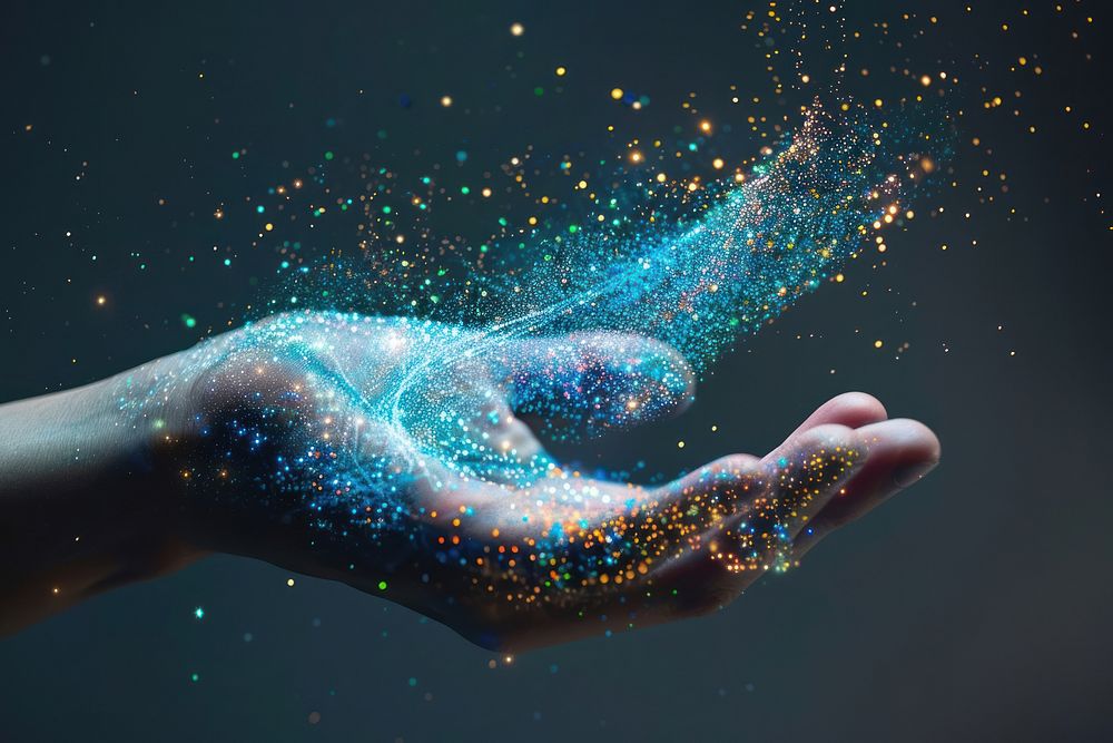 Hands in a digital universe hand glitter animal.