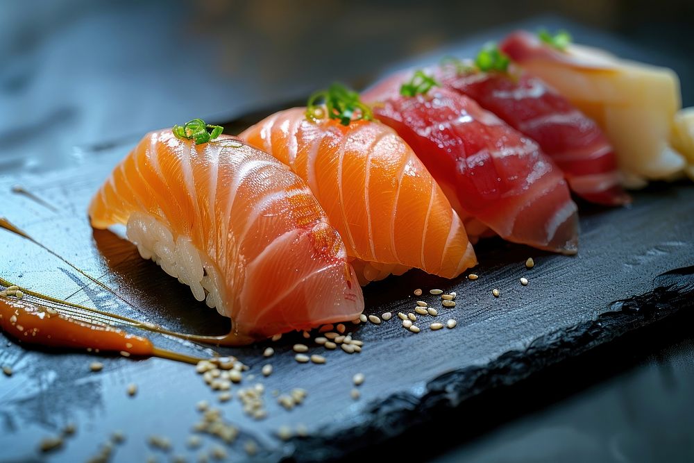 Japanese sushi restaurant seafood ketchup salmon.