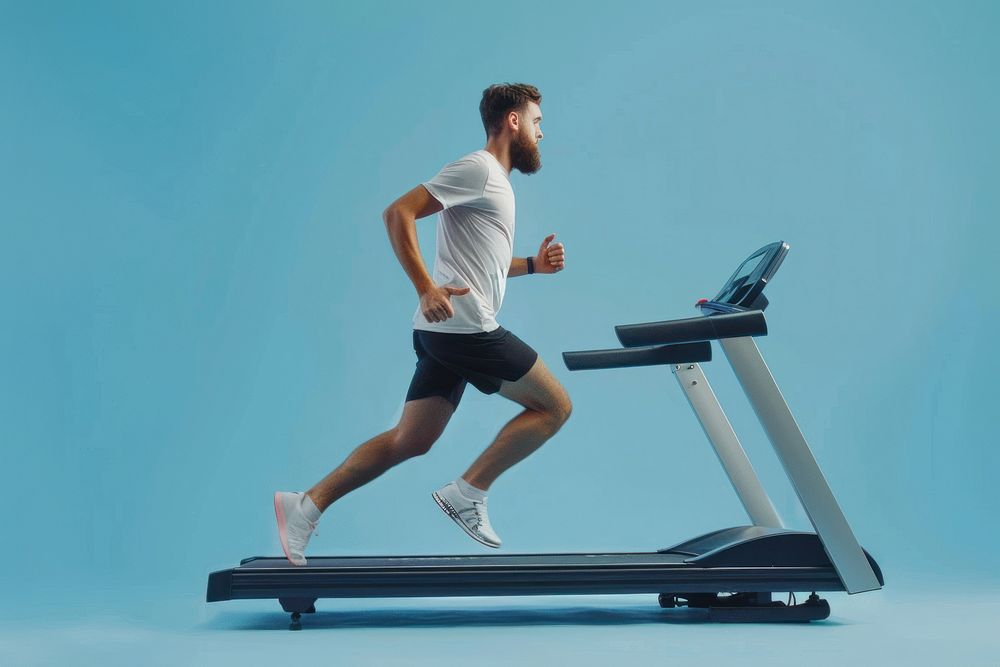 Man run on treadmill exercise clothing fitness.