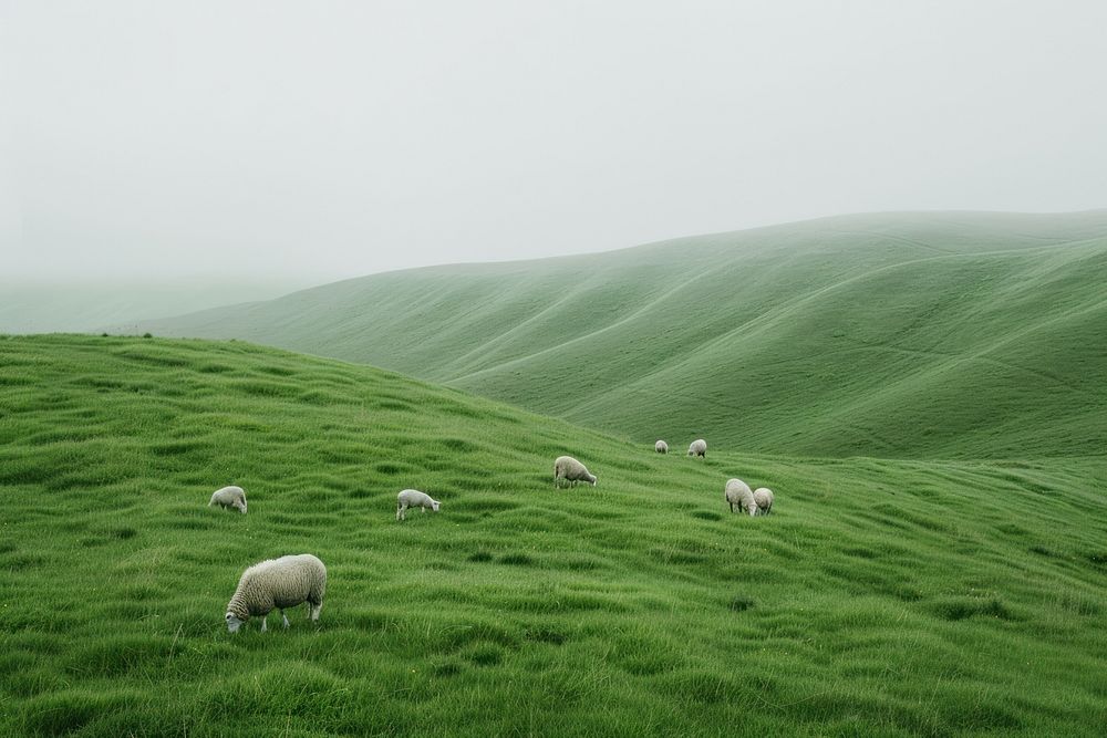 Sheep graze in a grassy hillside sheep countryside grassland.