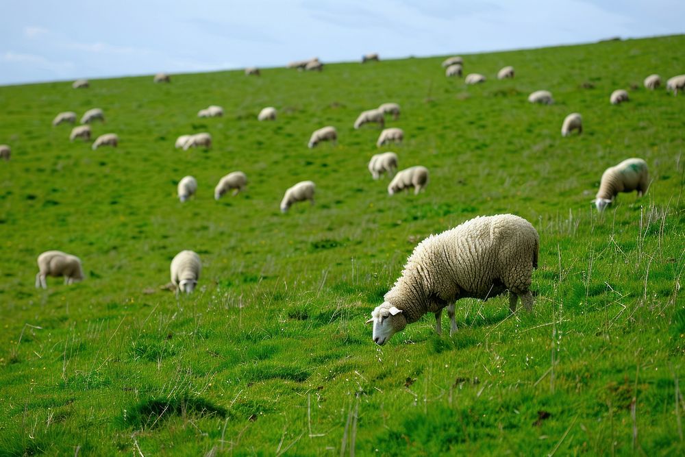 Sheep graze in a grassy hillside sheep countryside grassland.