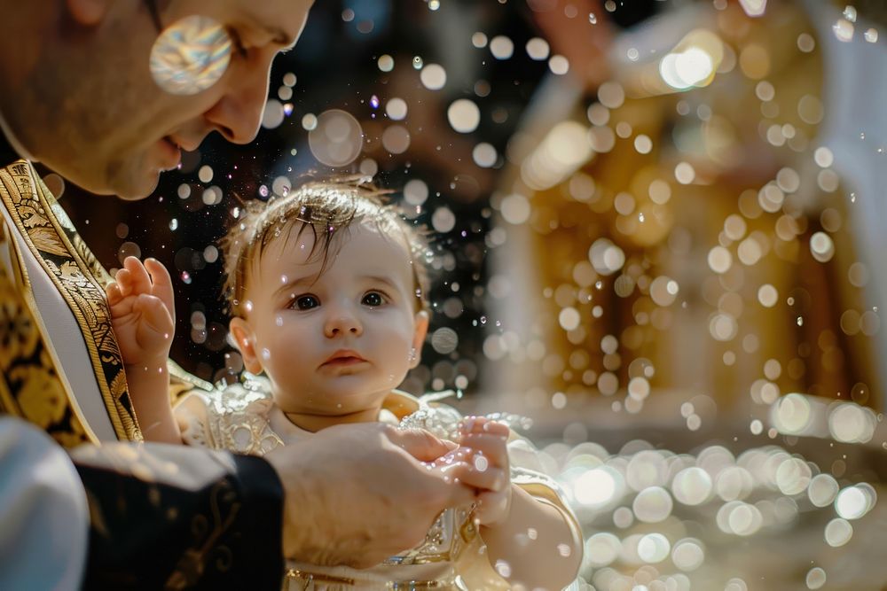 Priest is baptizing little baby girl in a church photo photography accessories.