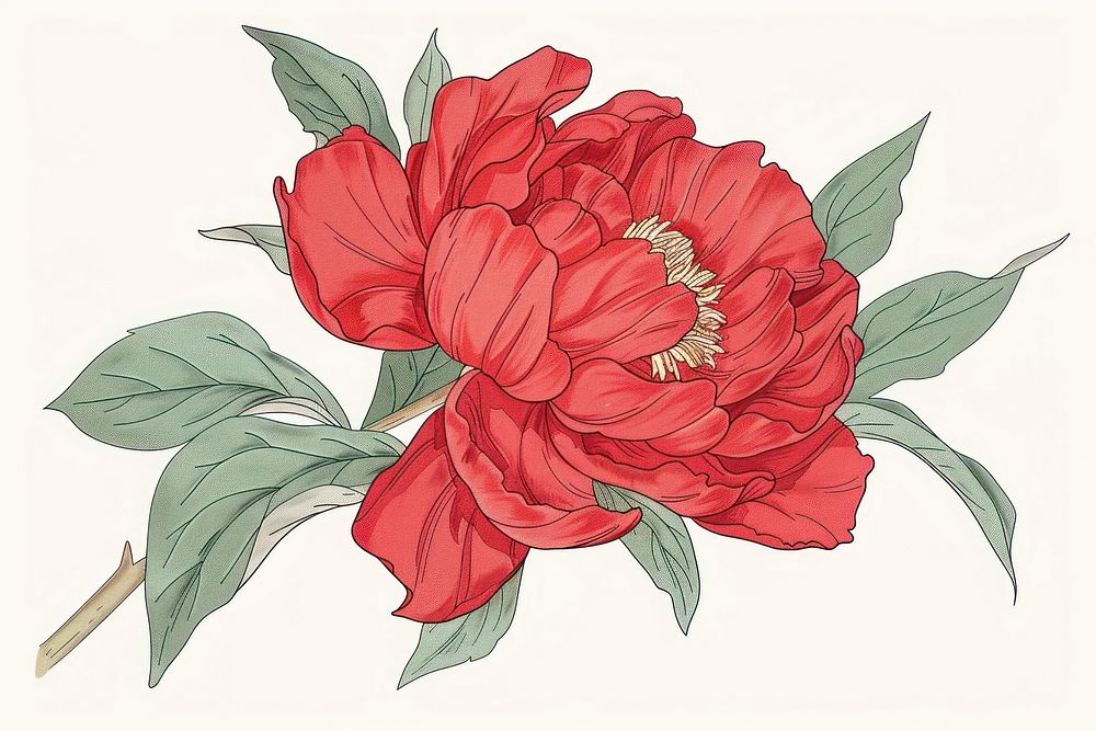 Red peony flat illustration art painting blossom.