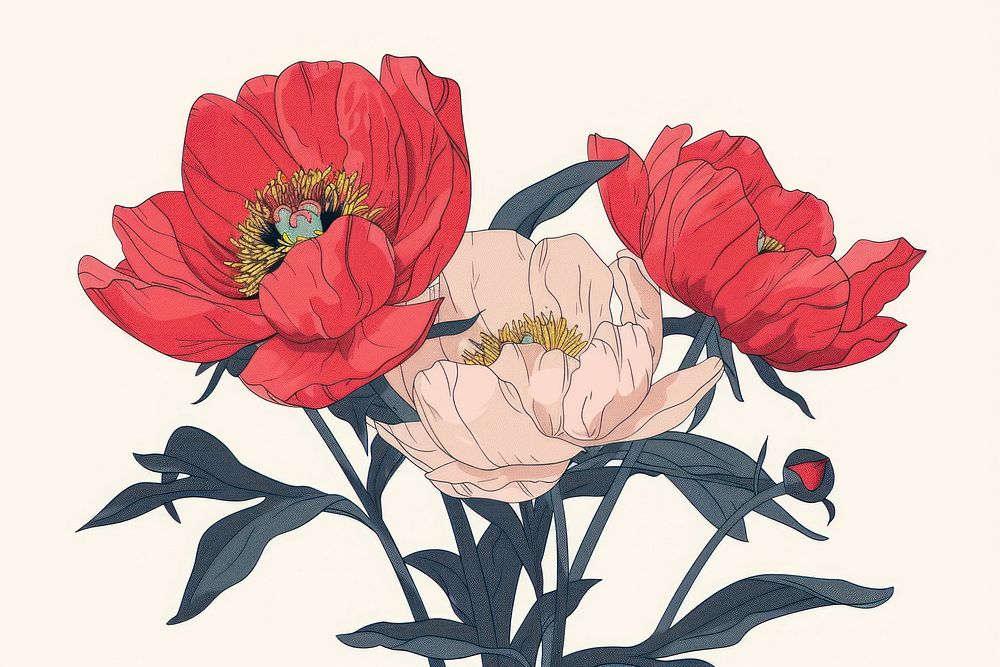 Red peony flat illustration art illustrated blossom.