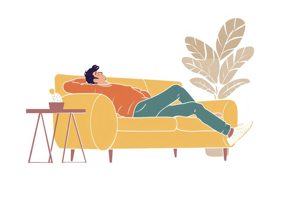 Tired man sleeping on sofa while dreaming about future flat illustration art illustrated furniture.