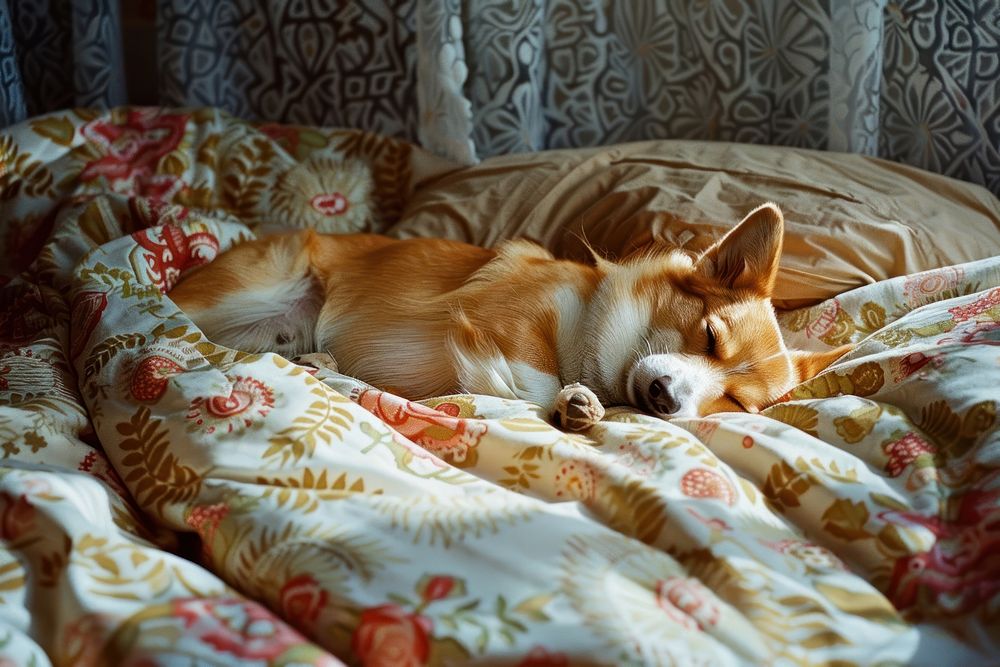 Cute dog sleeping on bed furniture blanket mammal.