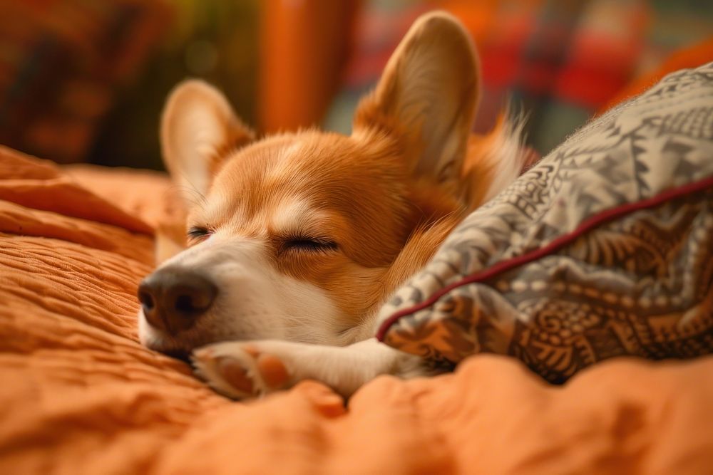 Cute dog sleeping on bed blanket mammal animal.