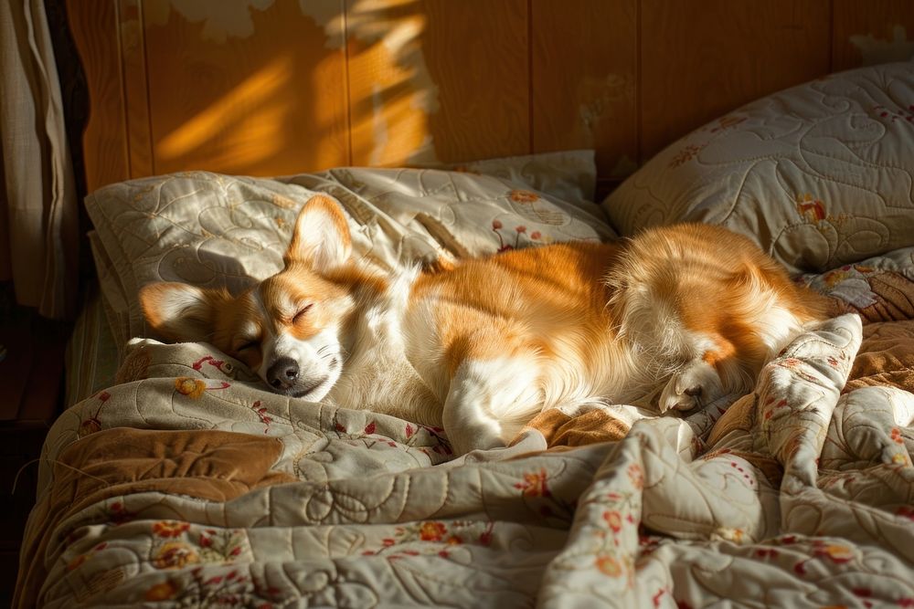 Cute dog sleeping on bed furniture blanket bedroom.