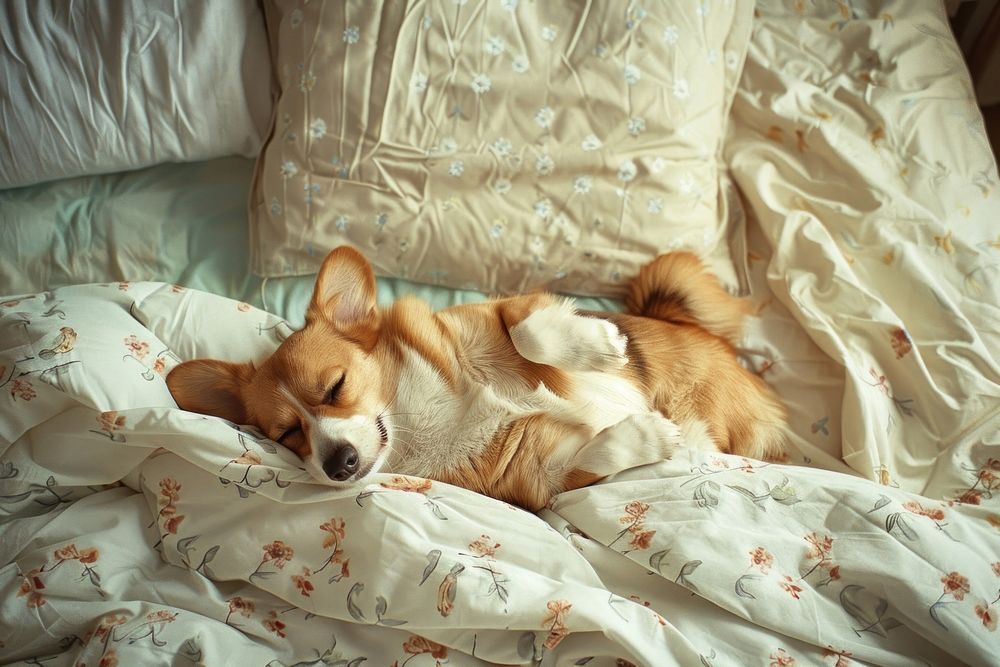 Cute dog sleeping on bed blanket mammal animal.