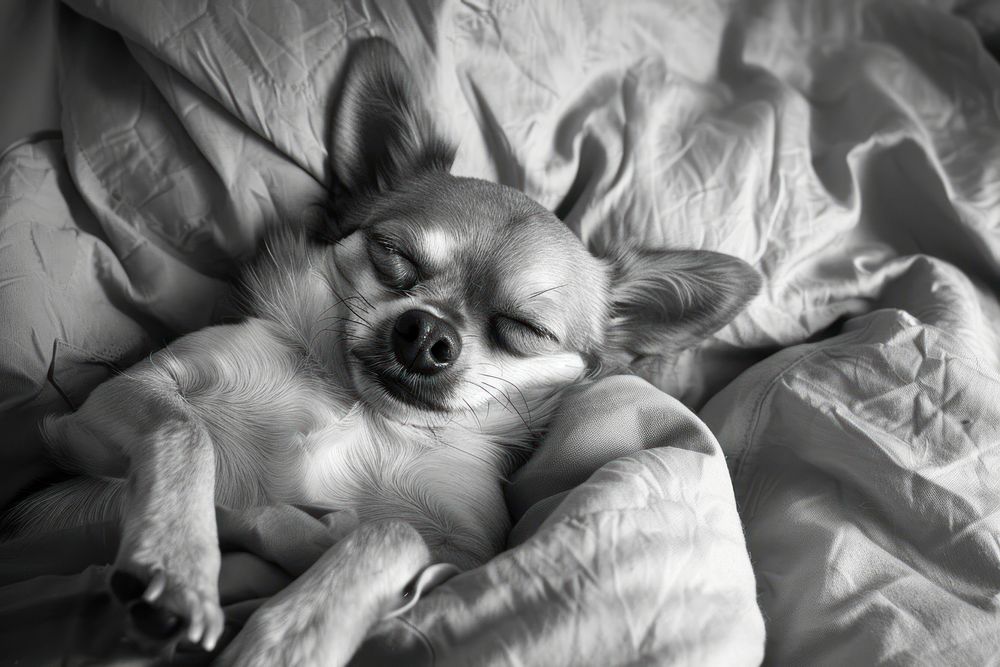 Cute dog sleeping on bed chihuahua furniture blanket.