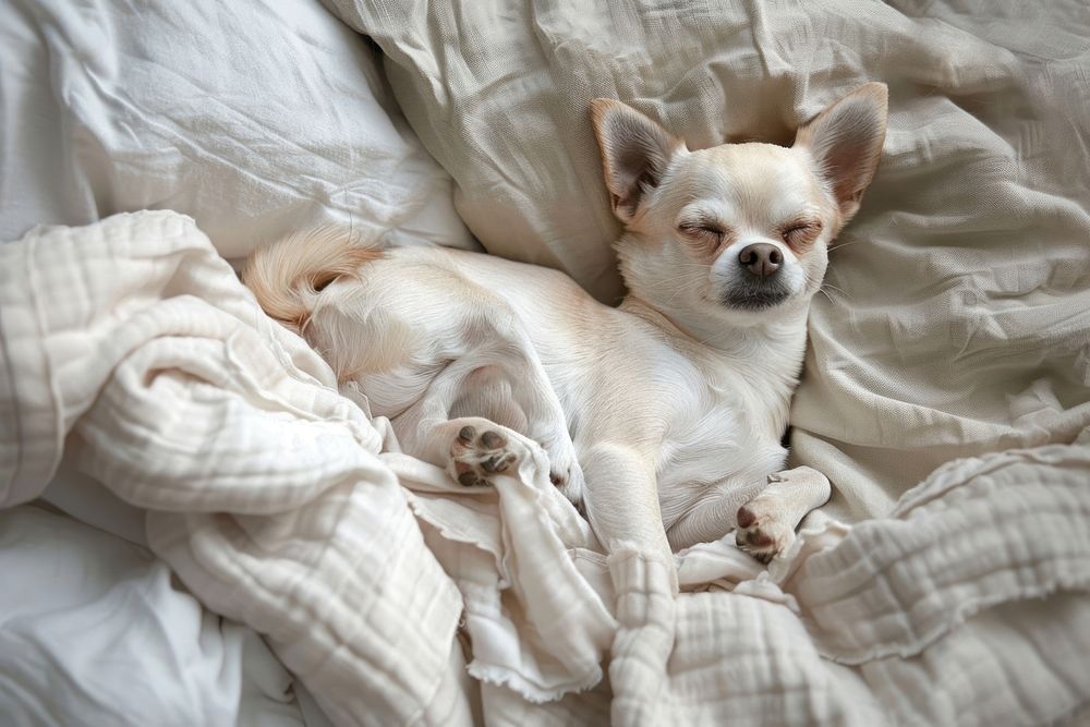 Cute dog sleeping on bed chihuahua blanket mammal.