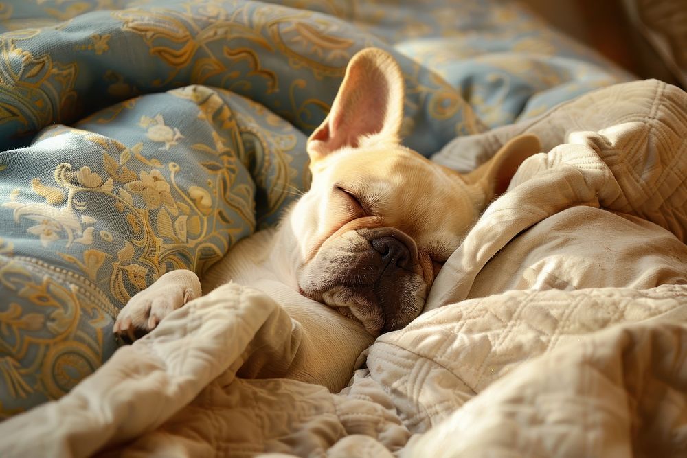 Cute dog sleeping on bed bulldog blanket animal.