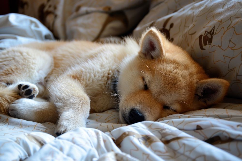 Cute dog sleeping on bed furniture blanket mammal.