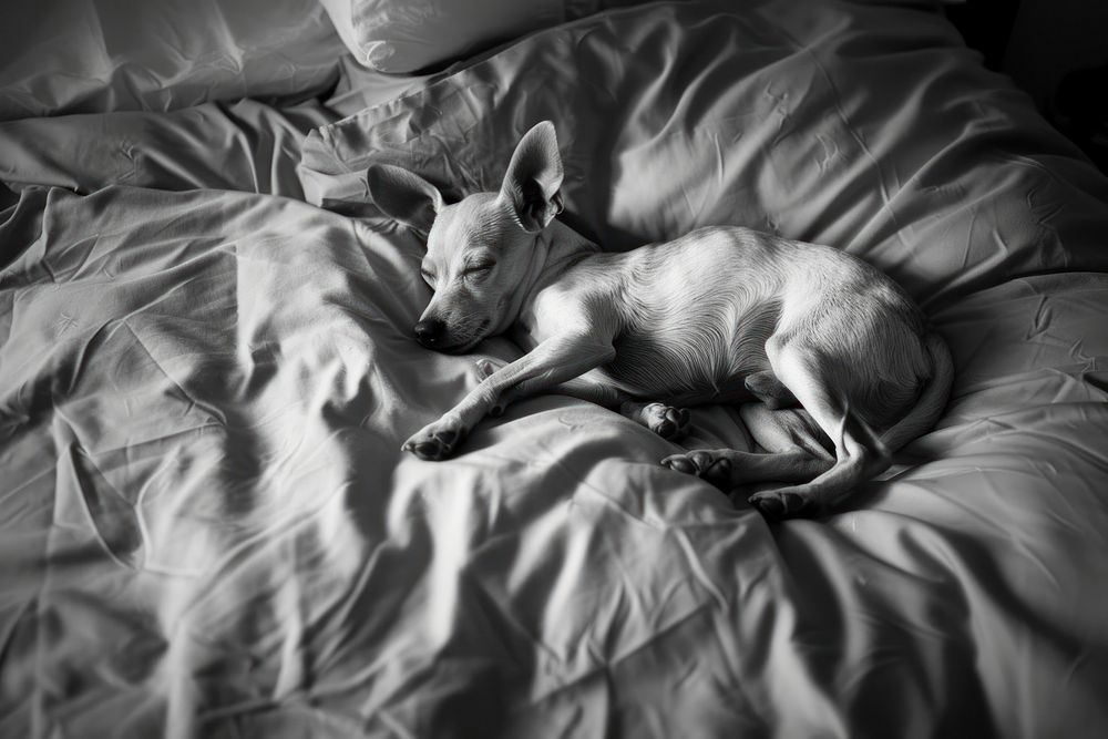 Cute dog sleeping on bed furniture blanket animal.