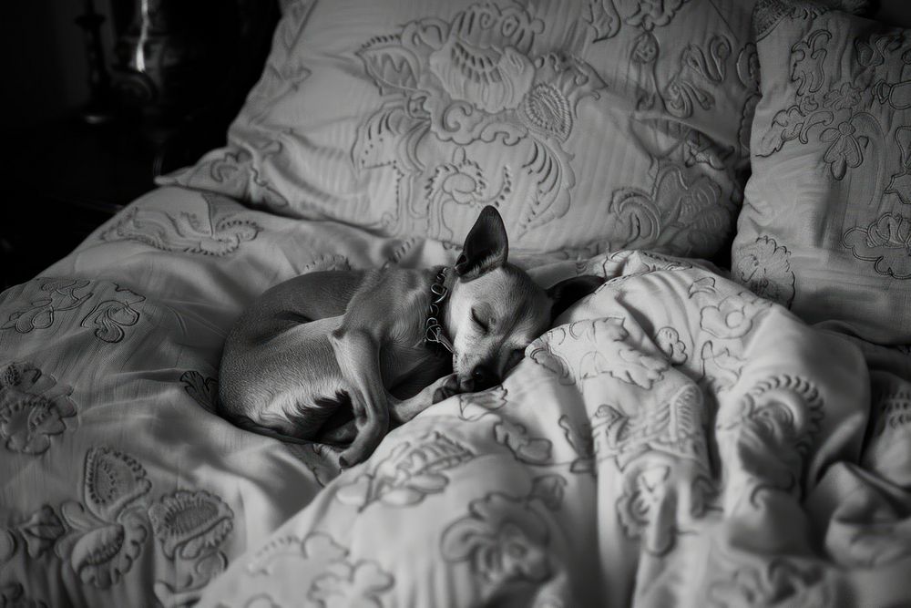 Cute dog sleeping on bed furniture blanket bedroom.