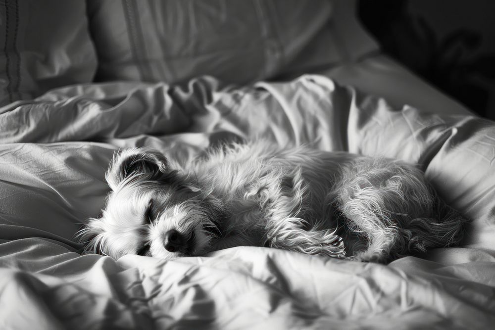 Cute dog sleeping on bed furniture mammal animal.