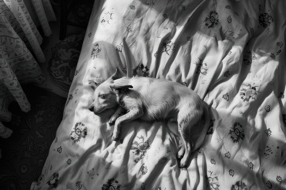Cute dog sleeping on bed furniture bedroom mammal.