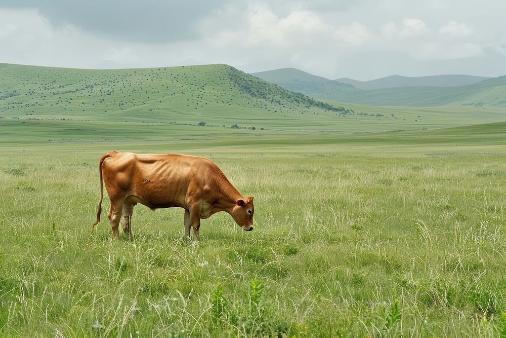 Cow grazing on grass grassland livestock outdoors.