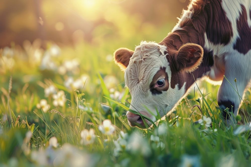 Cow grazing on grass livestock grassland outdoors.