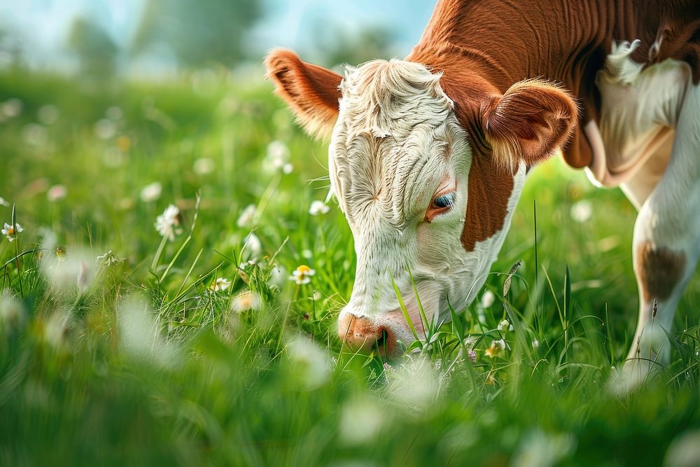 Cow grazing on grass livestock grassland outdoors.